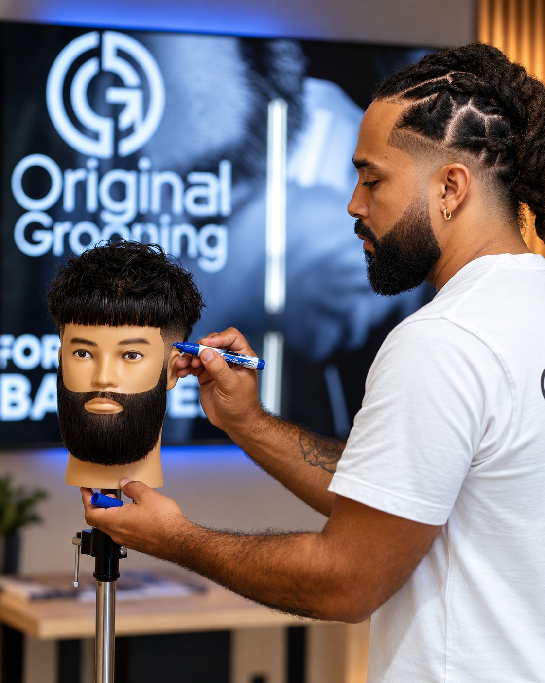 OG Cut traçant le contour d'une coupe sur tête d'étude, pendant une session de formation Original Grooming